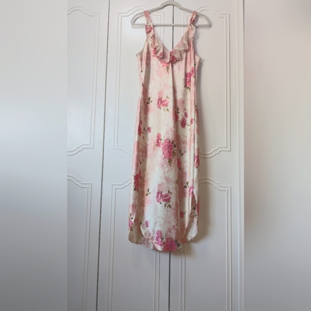 Private Luxurie Pink and Cream Floral Ruffle Satin  Chemise Dress Size L